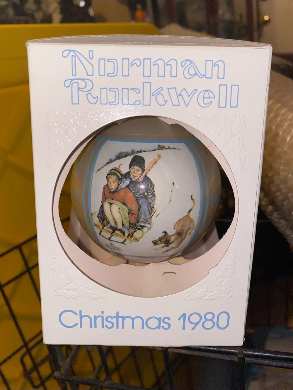 Norman Rockwell White and Blue Sledding Children Christmas Ornament